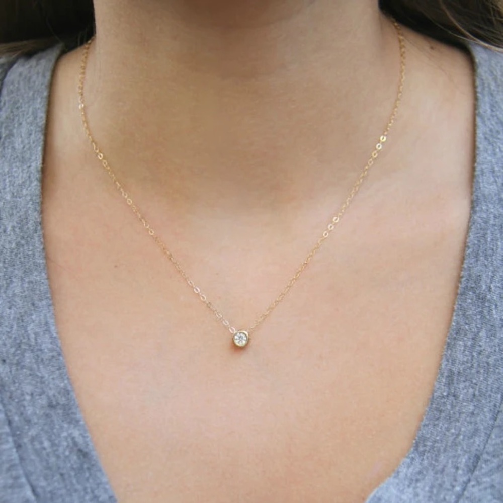 Dainty 14k Gold Solo CZ Diamond Necklace - Picture 5 of 7